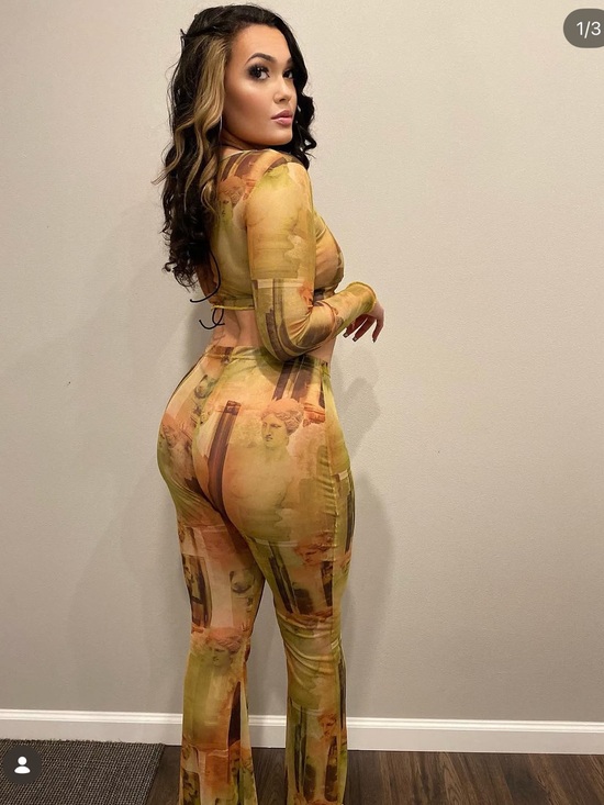 Fashion Nova Pants - Fashion Nova Yellow Printed Boot Cut Flare & Long Sleeve Mesh Two piece Set